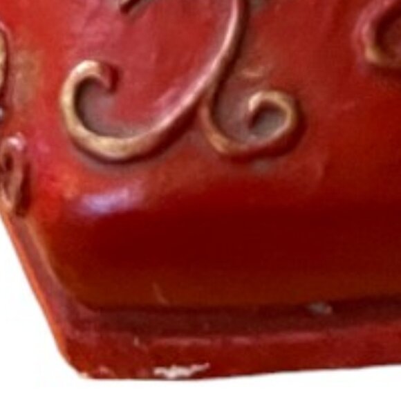 RARE! Vtg Ornate Red Plaster Shoe Planter Frilly Black Bow, Roses & Gold Accents - Picture 15 of 15